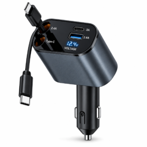4 in 1 retractable car charger plugged into vehicle cigarette lighter socket