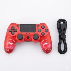 PS4 Wireless Controller Gamepad Red front view Red PS4 wireless gaming controller analog sticks and touchpad detail PS4 wireless gamepad red used in home gaming setup Red PS4 controller compatibility with PlayStation 4 console PS4 wireless controller red package contents with USB charging cable