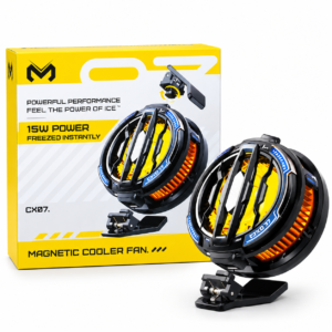 Retail packaging box of MEMO CX07 15W Magnetic Cooler Fan for mobile gaming showing product features and back clip attachment.