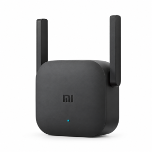 Matte black Xiaomi Mi WiFi Repeater Pro 300M plug-in range extender with dual external antennas on white background.