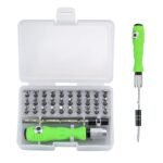 32-in-1 precision screwdriver set with green handle, multiple bits and storage case